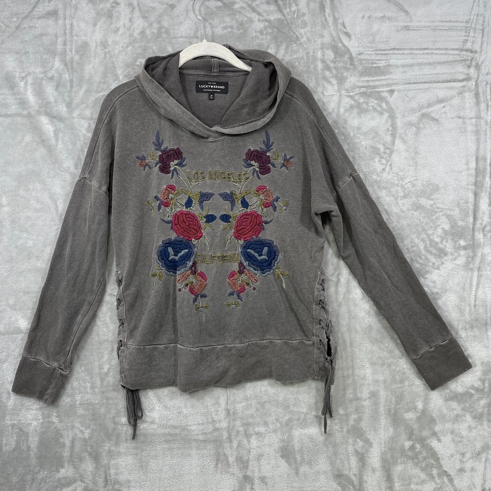 Vintage Y2K Lucky Brand Hoodie Womens Size M Embroidered Floral Gray‎ Side Ties